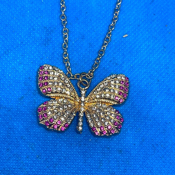Superstar Accessories Jewelry - Gold Tone Butterfly Necklace with Blue Stones